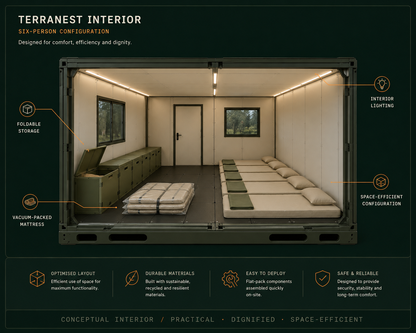TerraNest interior — six-person configuration with foldable storage boxes, vacuum-packed mattresses, windows, door and interior LED lighting